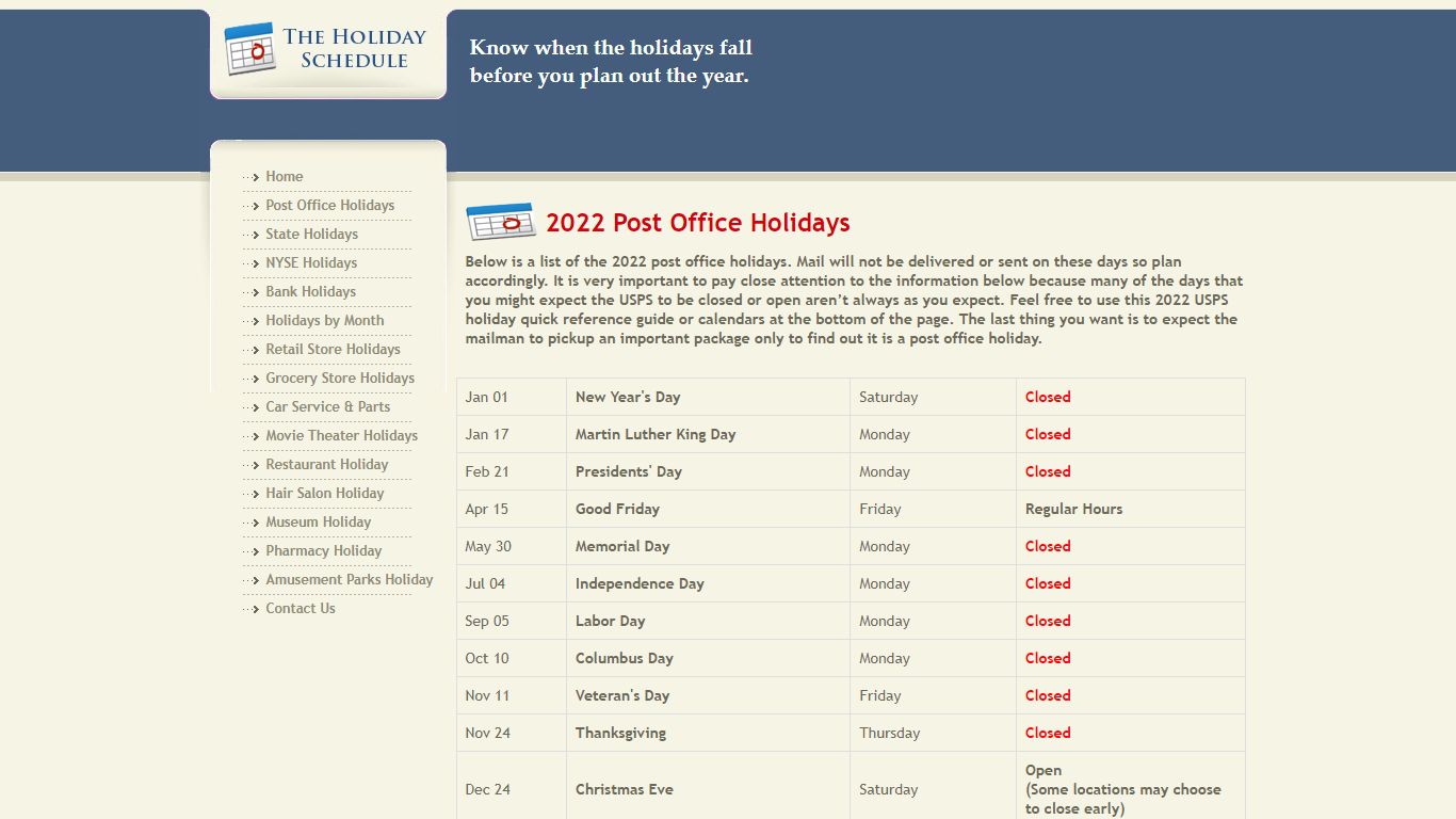 Post Office Holidays 2021 | USPS Holidays 2022